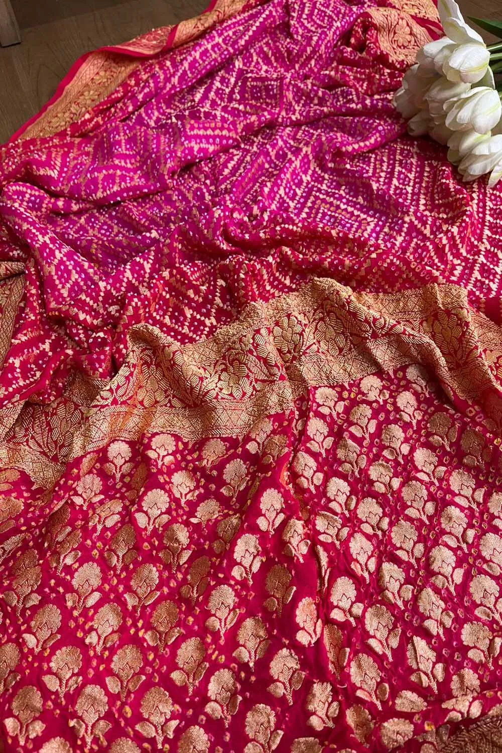 Stunning Pink Banarasi Bandhani Pure Georgette Saree