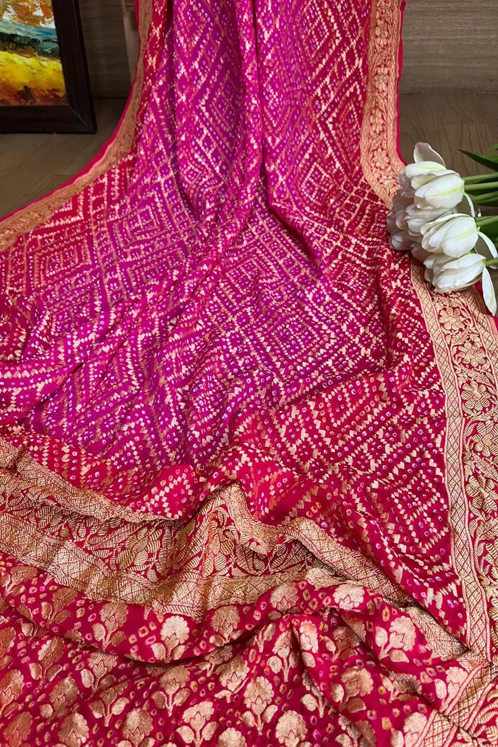 Stunning Pink Banarasi Bandhani Pure Georgette Saree