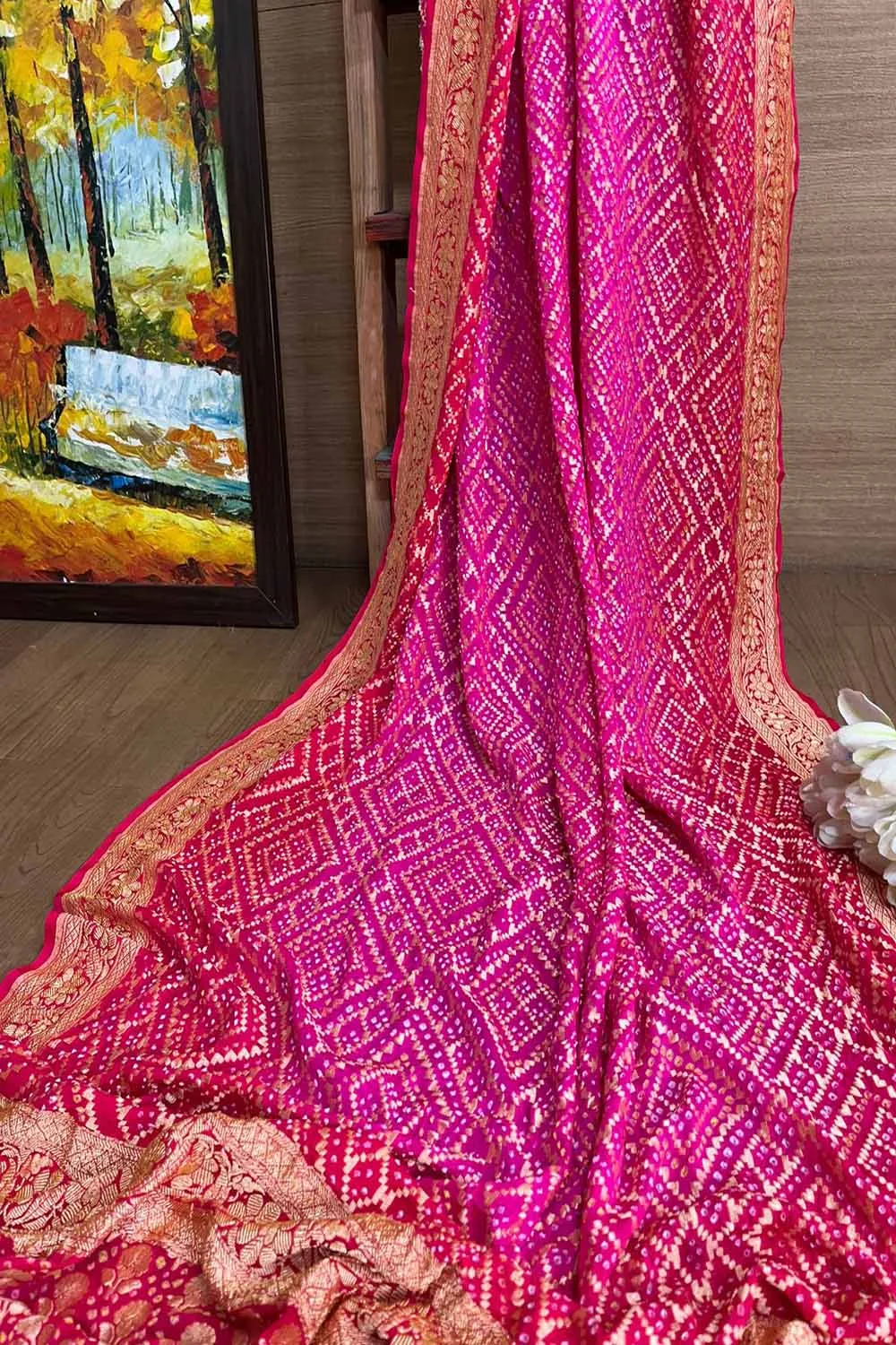 Stunning Pink Banarasi Bandhani Pure Georgette Saree