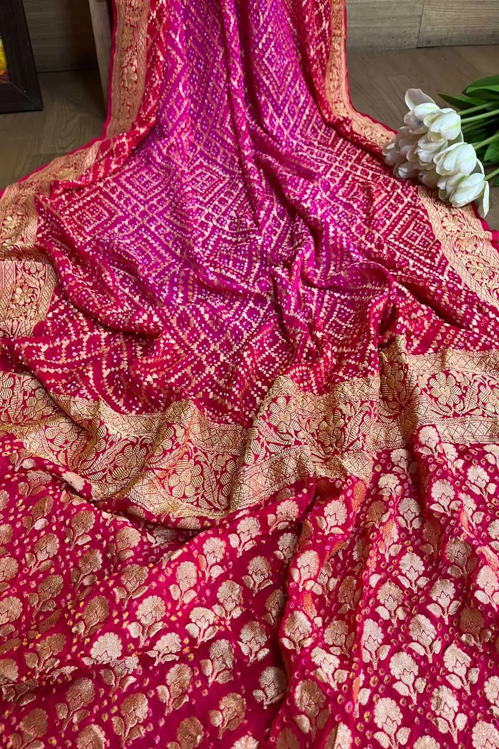 Stunning Pink Banarasi Bandhani Pure Georgette Saree