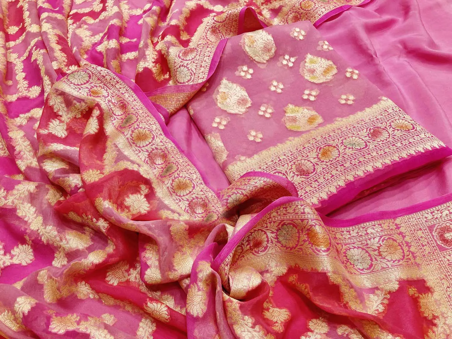 Stunning Pink Banarasi Chiffon Georgette Suit