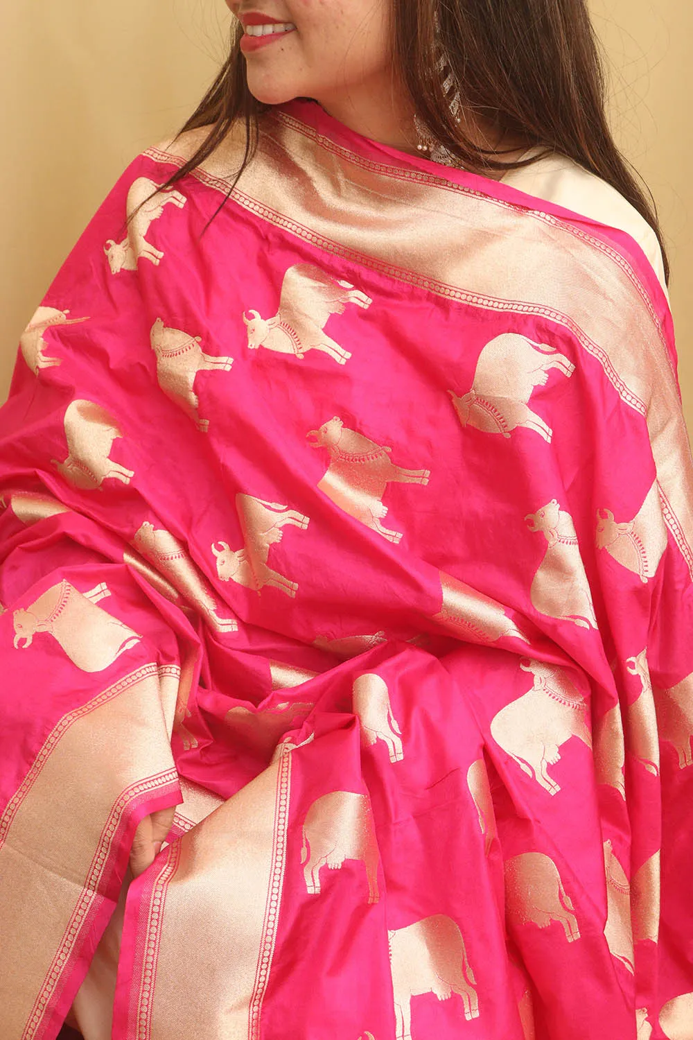 Stunning Pink Banarasi Silk Cow Design Dupatta