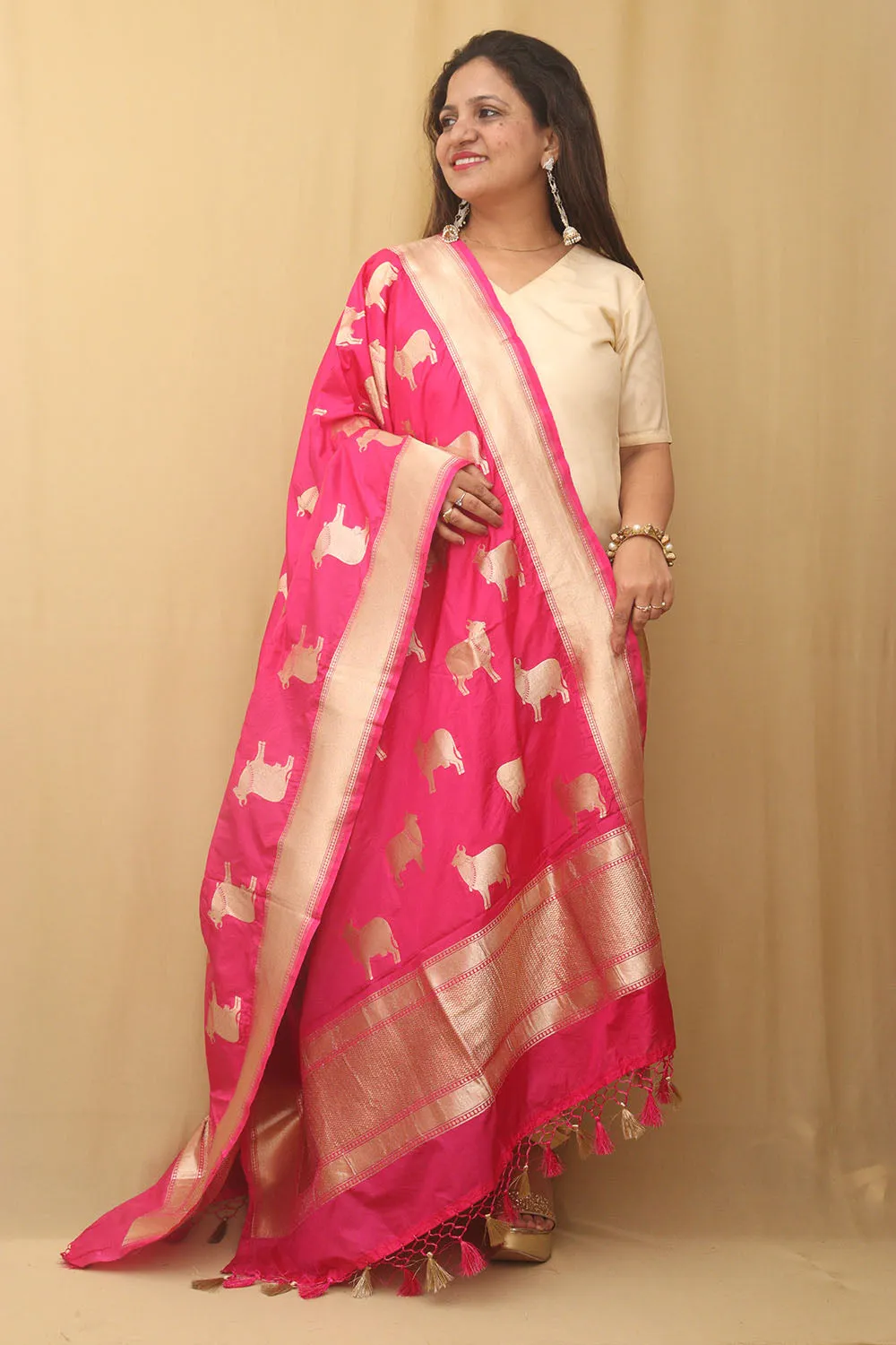 Stunning Pink Banarasi Silk Cow Design Dupatta