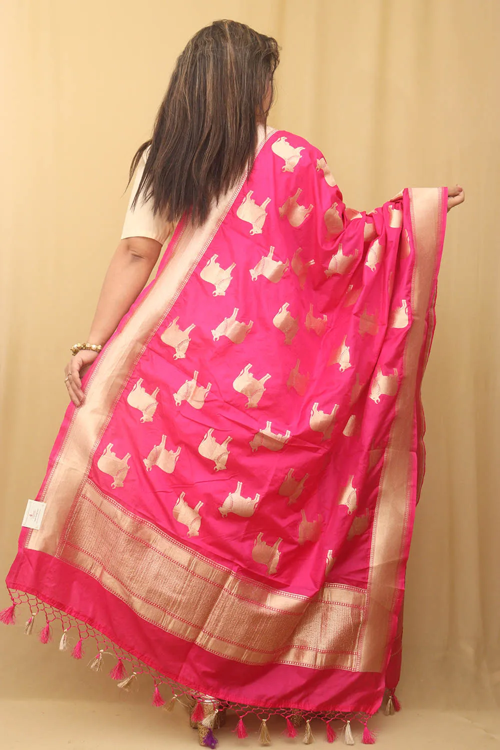 Stunning Pink Banarasi Silk Cow Design Dupatta