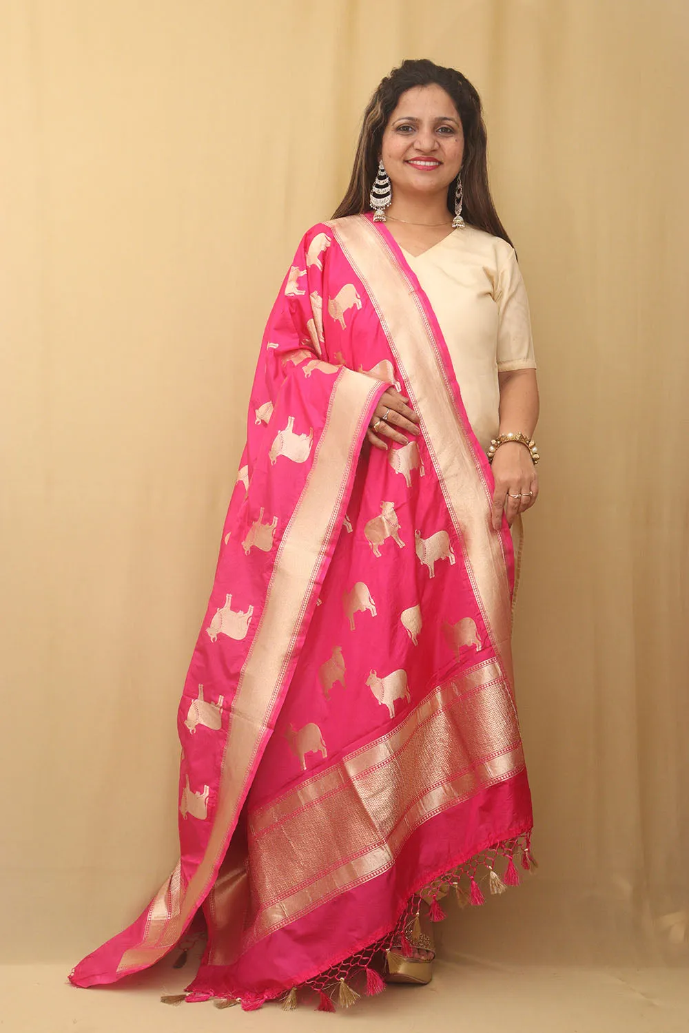 Stunning Pink Banarasi Silk Cow Design Dupatta