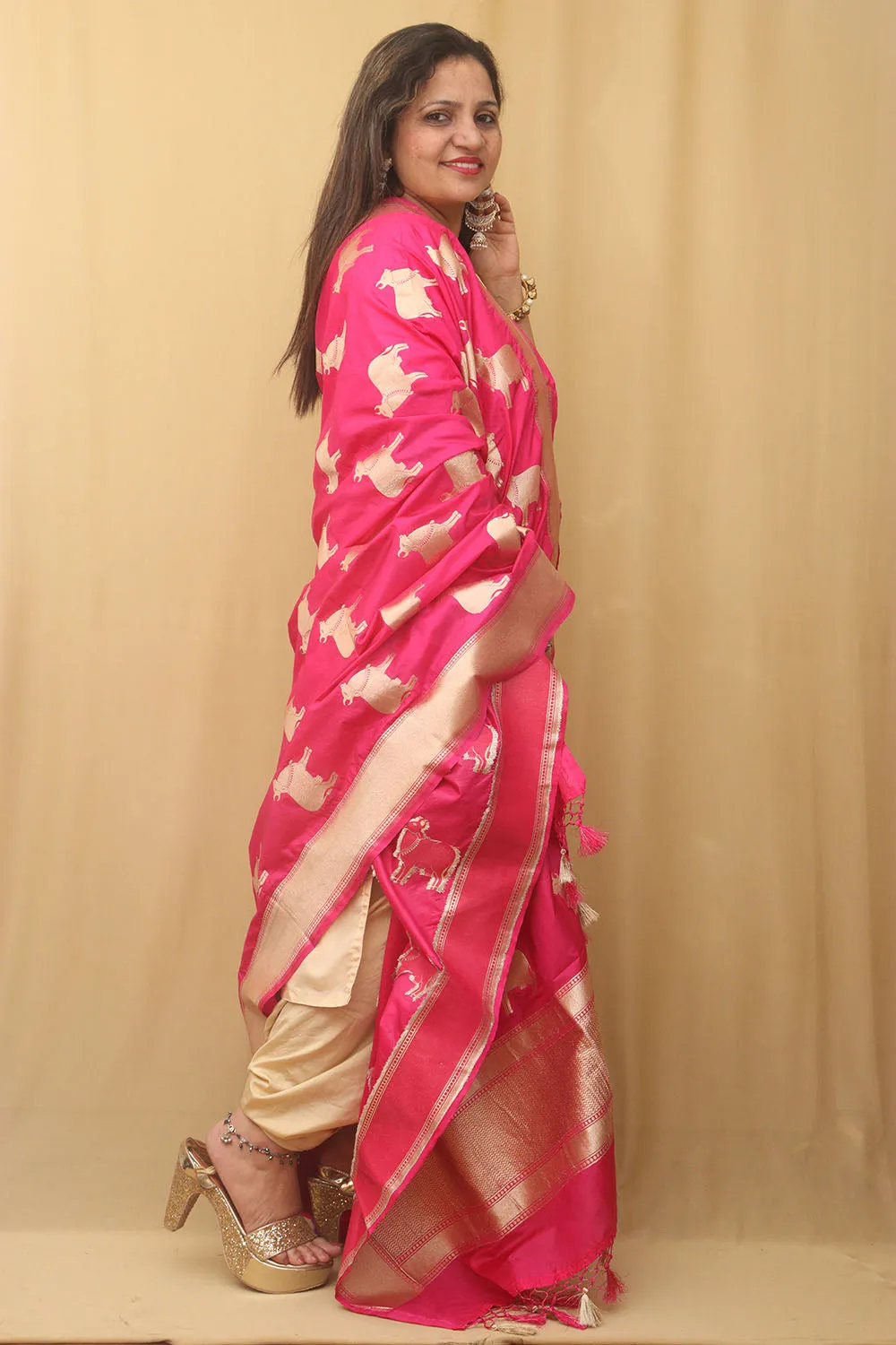 Stunning Pink Banarasi Silk Cow Design Dupatta