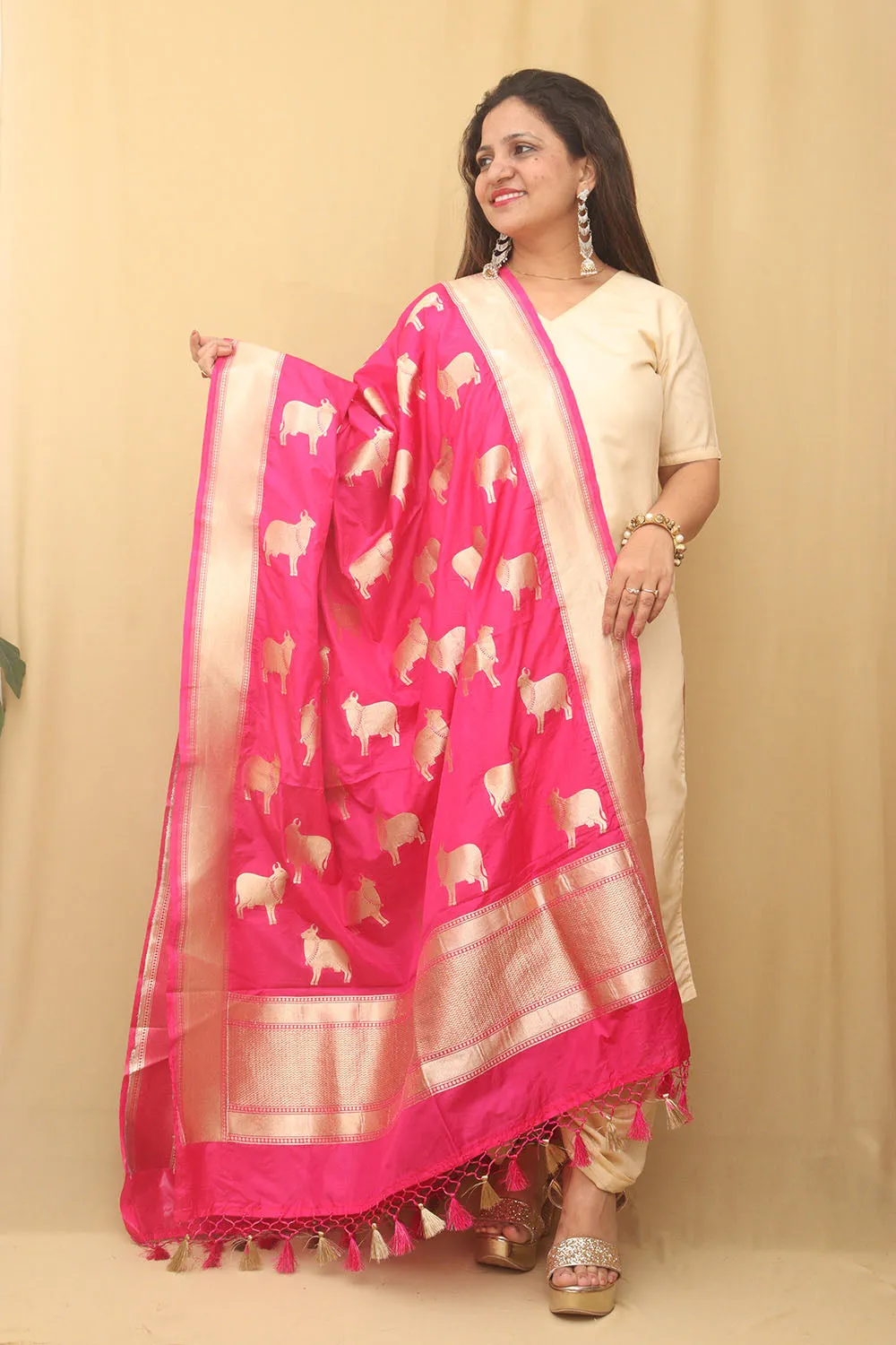 Stunning Pink Banarasi Silk Cow Design Dupatta