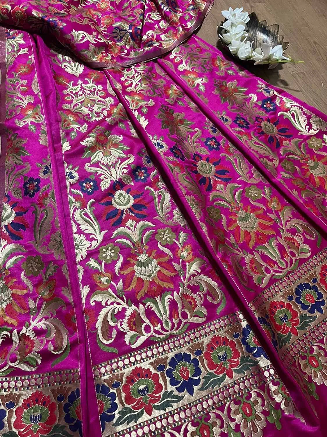 Stunning Pink Banarasi Silk Unstitched Meenakari Lehenga Set