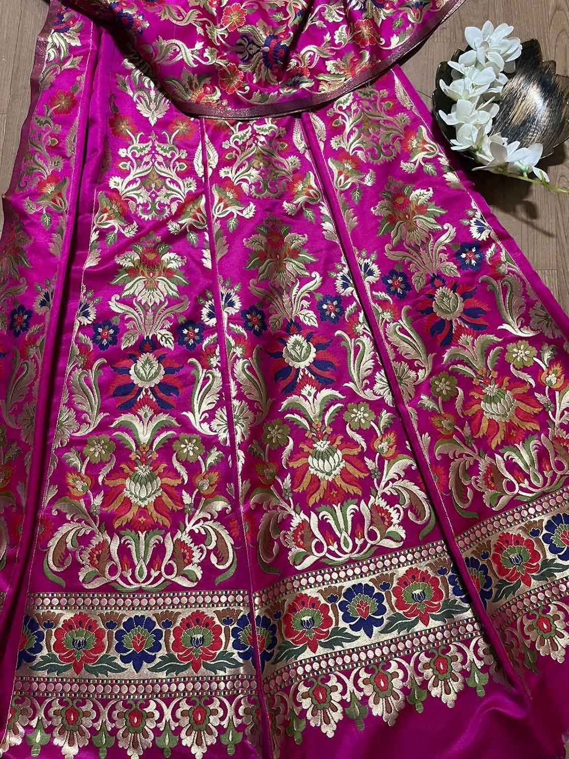 Stunning Pink Banarasi Silk Unstitched Meenakari Lehenga Set