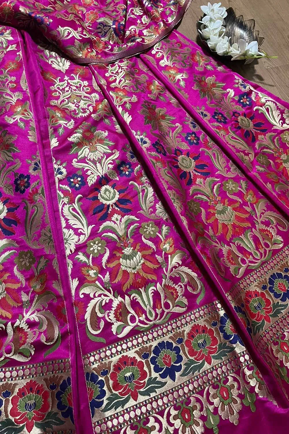 Stunning Pink Banarasi Silk Unstitched Meenakari Lehenga Set