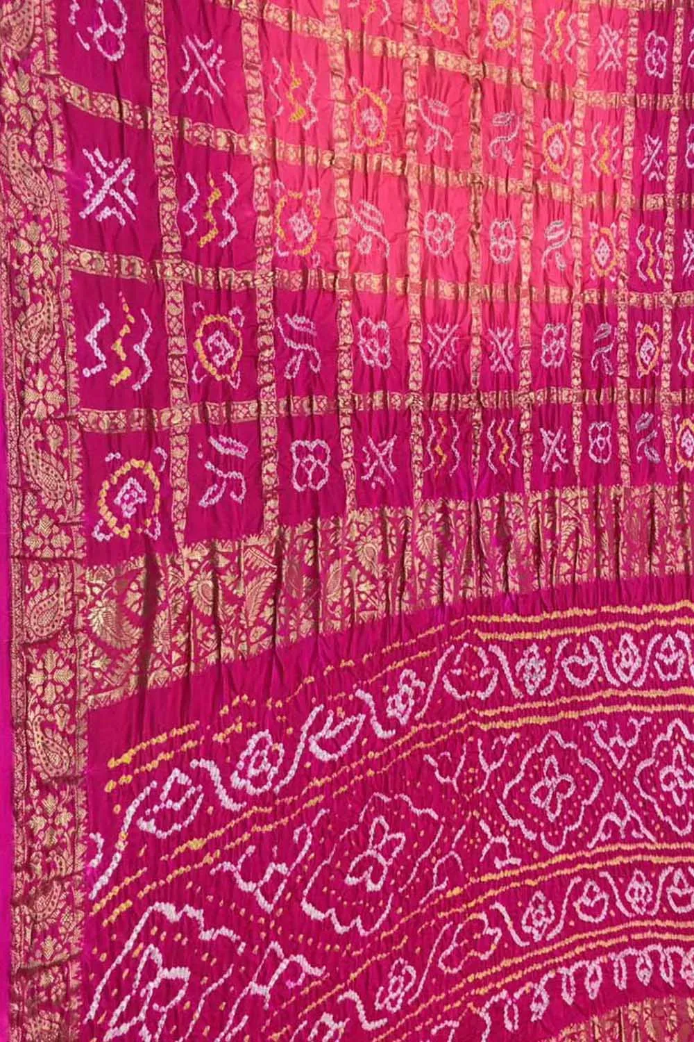 Stunning Pink Bandhani Gajji Silk Gharchola Checks Saree