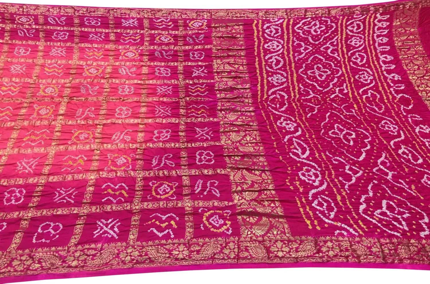 Stunning Pink Bandhani Gajji Silk Gharchola Checks Saree