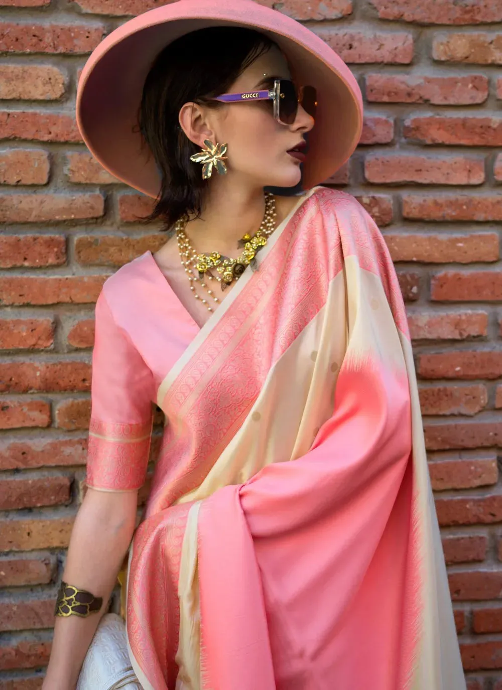 Stunning Pink-Cream Handloom Silk Trendy Saree