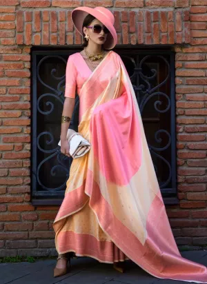 Stunning Pink-Cream Handloom Silk Trendy Saree