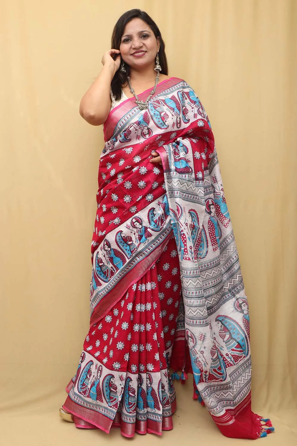 Stunning Pink Madhubani Digital Printed Cotton Silk Saree