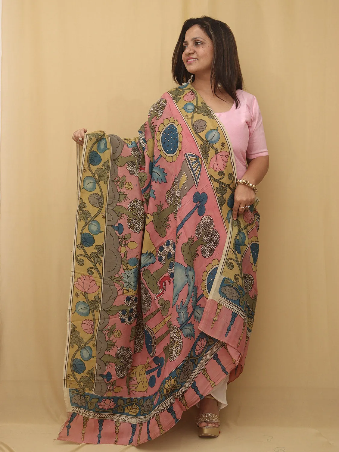 Stunning Pink Pen Kalamkari Pure Silk Dupatta - Perfect Accessory!