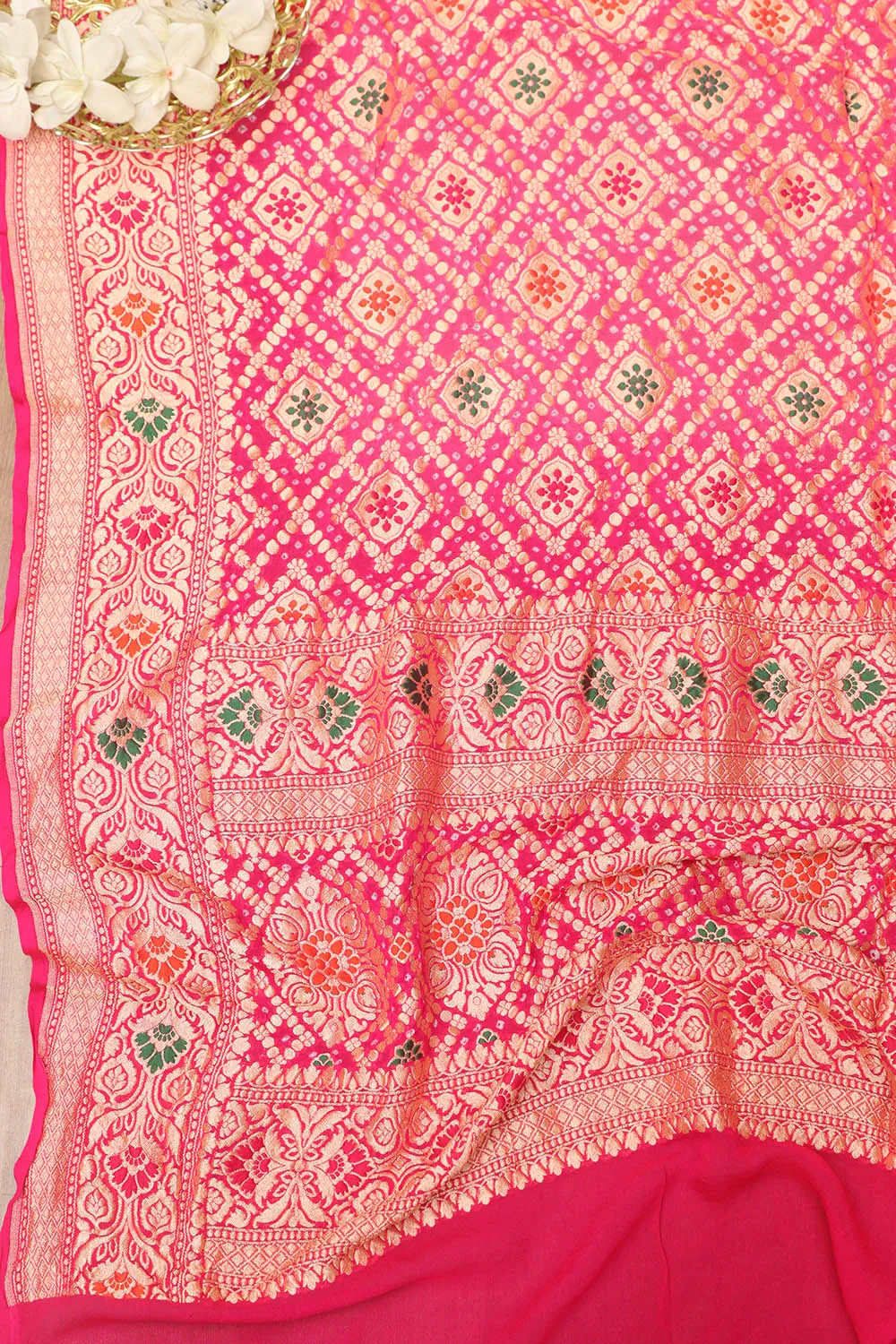 Stunning Pink Shaded Banarasi Bandhani Pure Georgette Meenakari Dupatta