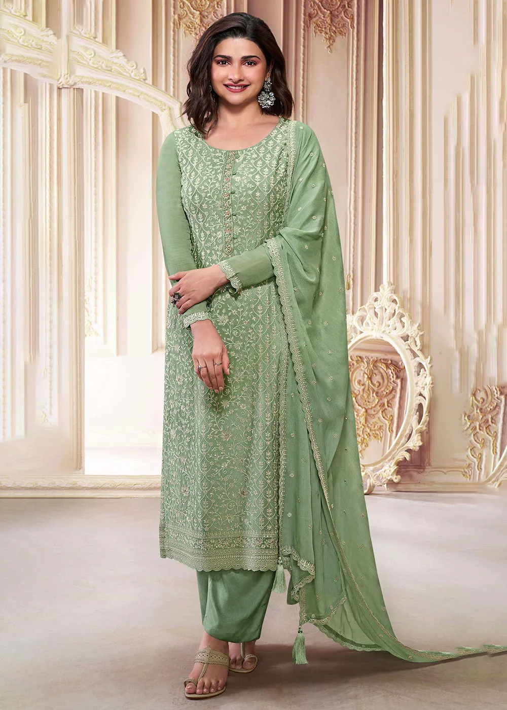 Stunning Pista Green Embroidered Festive Salwar Suit