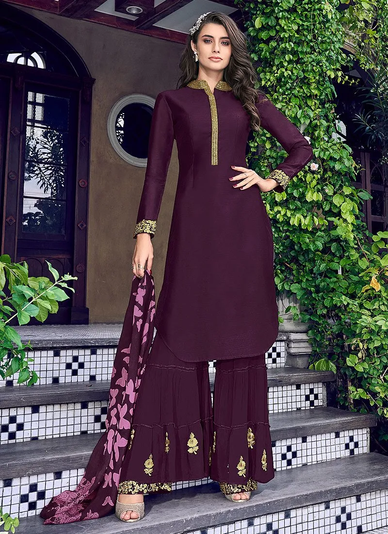 Stunning Purple Fancy Silk Designer Palazzo Suit