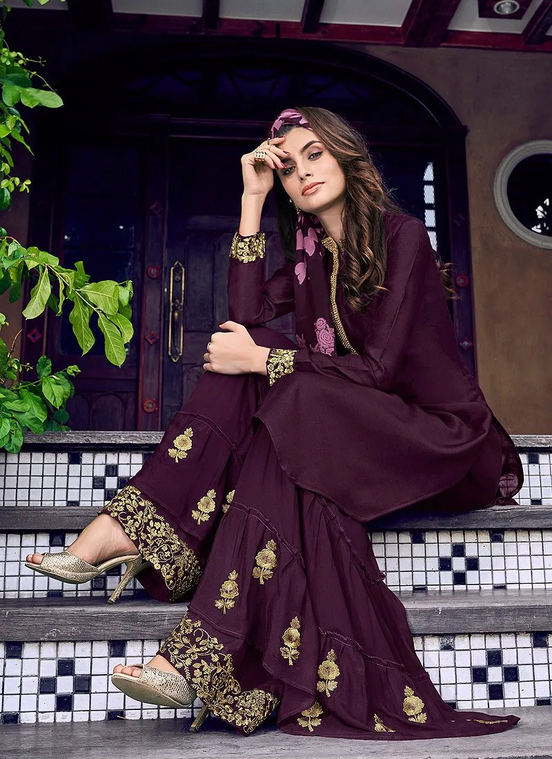 Stunning Purple Fancy Silk Designer Palazzo Suit