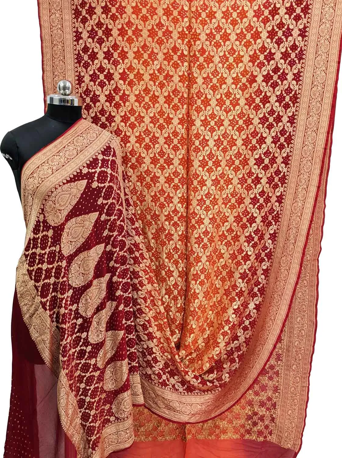 Stunning Red & Orange Banarasi Bandhani Georgette Saree