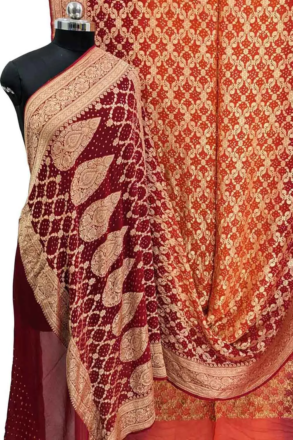 Stunning Red & Orange Banarasi Bandhani Georgette Saree