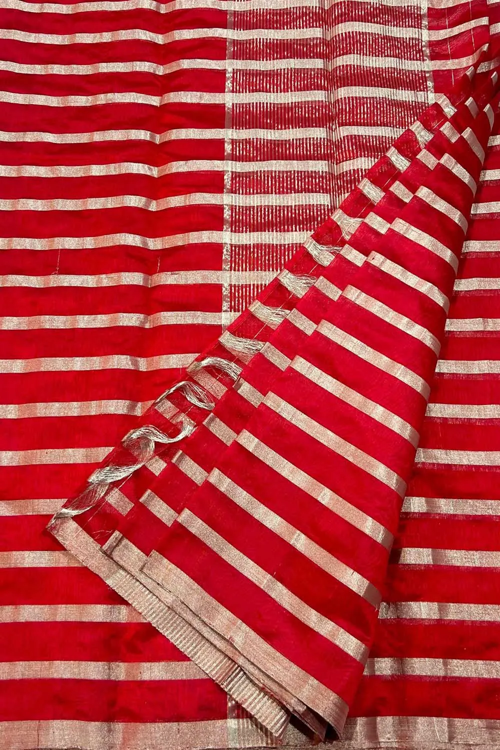 Stunning Red Chanderi Handloom Silk Stripes Design Saree