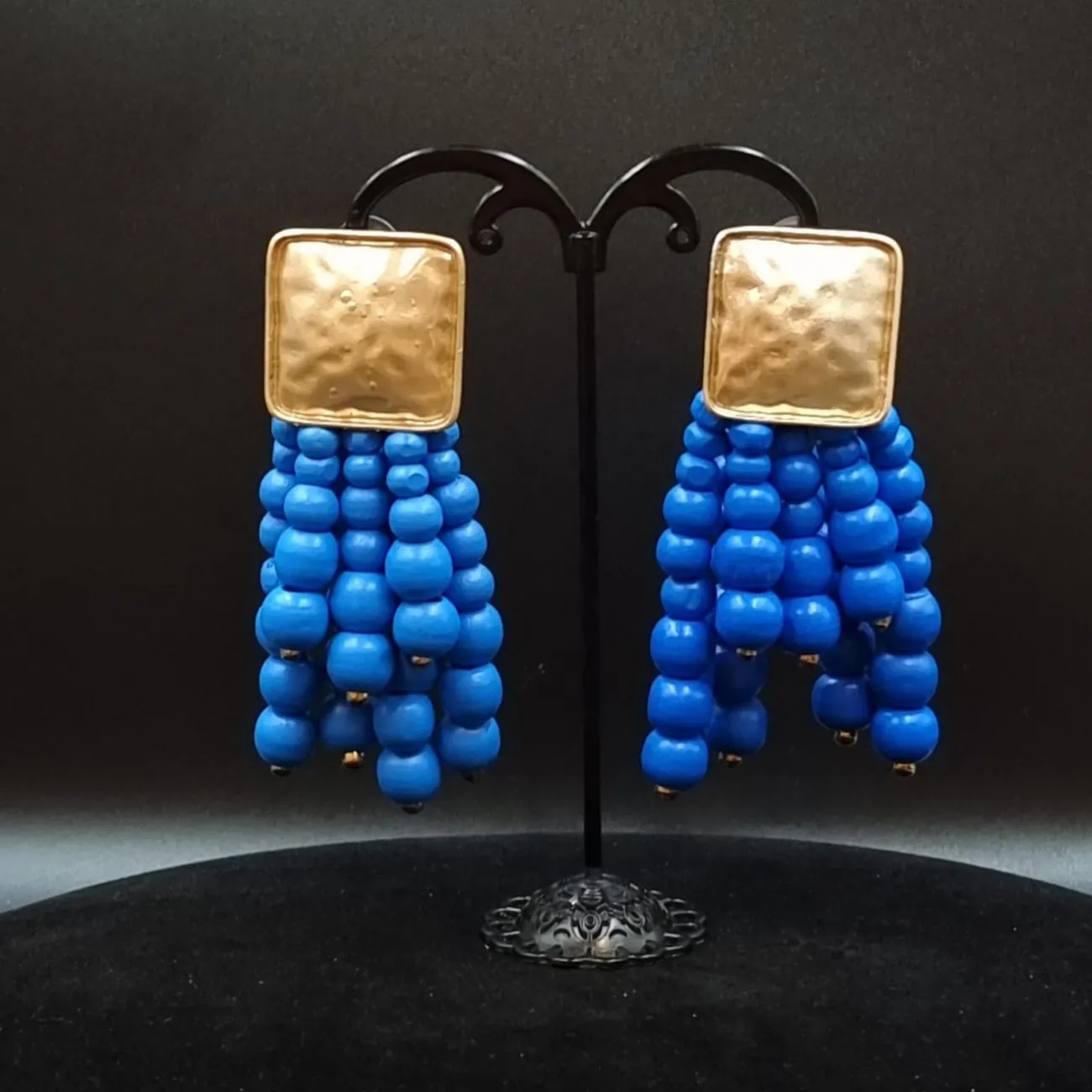 Stunning Satin Gold Tone, Wooden Bead Drop Earrings