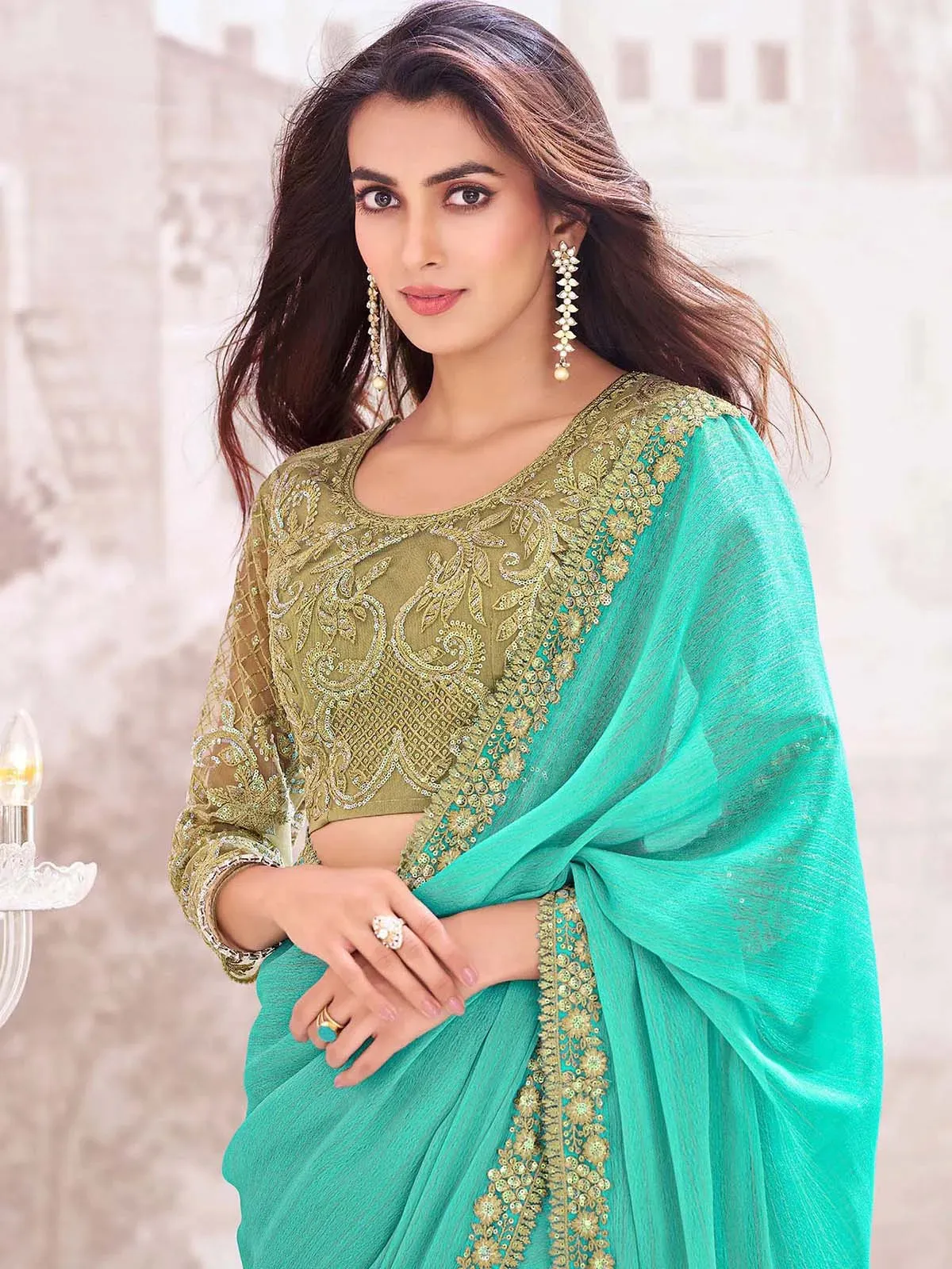 Stunning Sea Green Georgette Shimmer Party Wear Saree