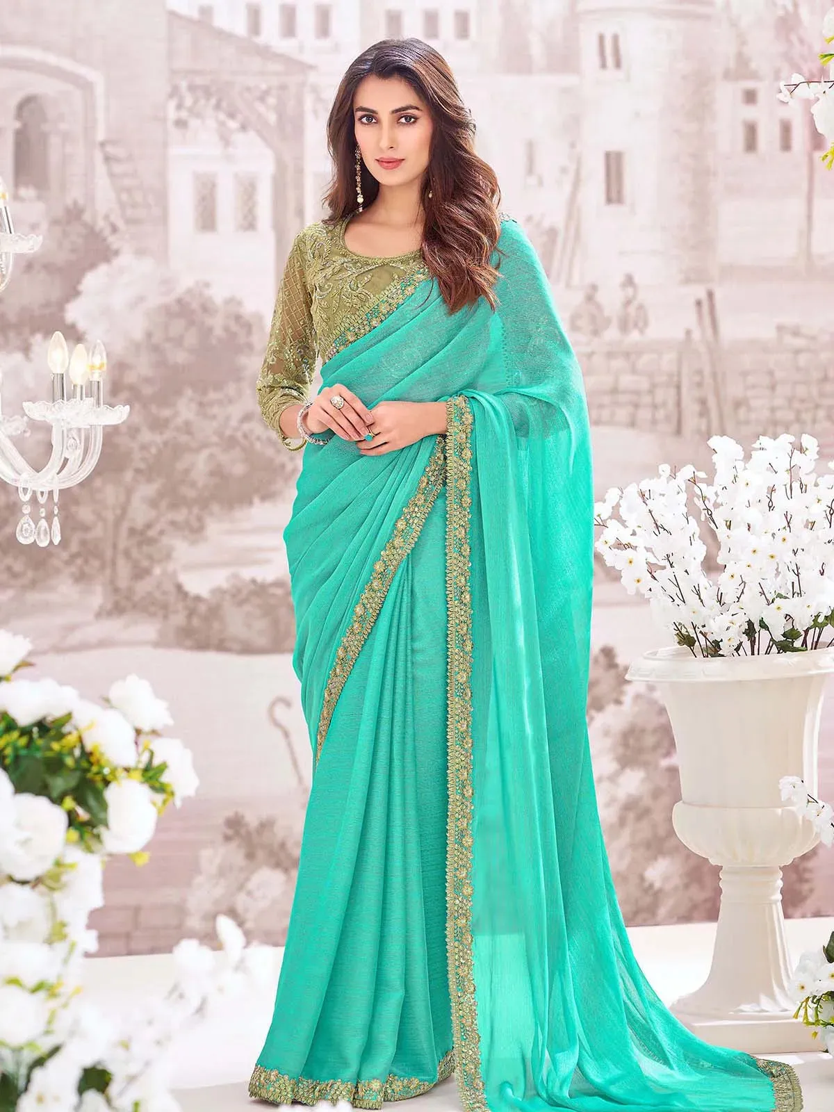 Stunning Sea Green Georgette Shimmer Party Wear Saree