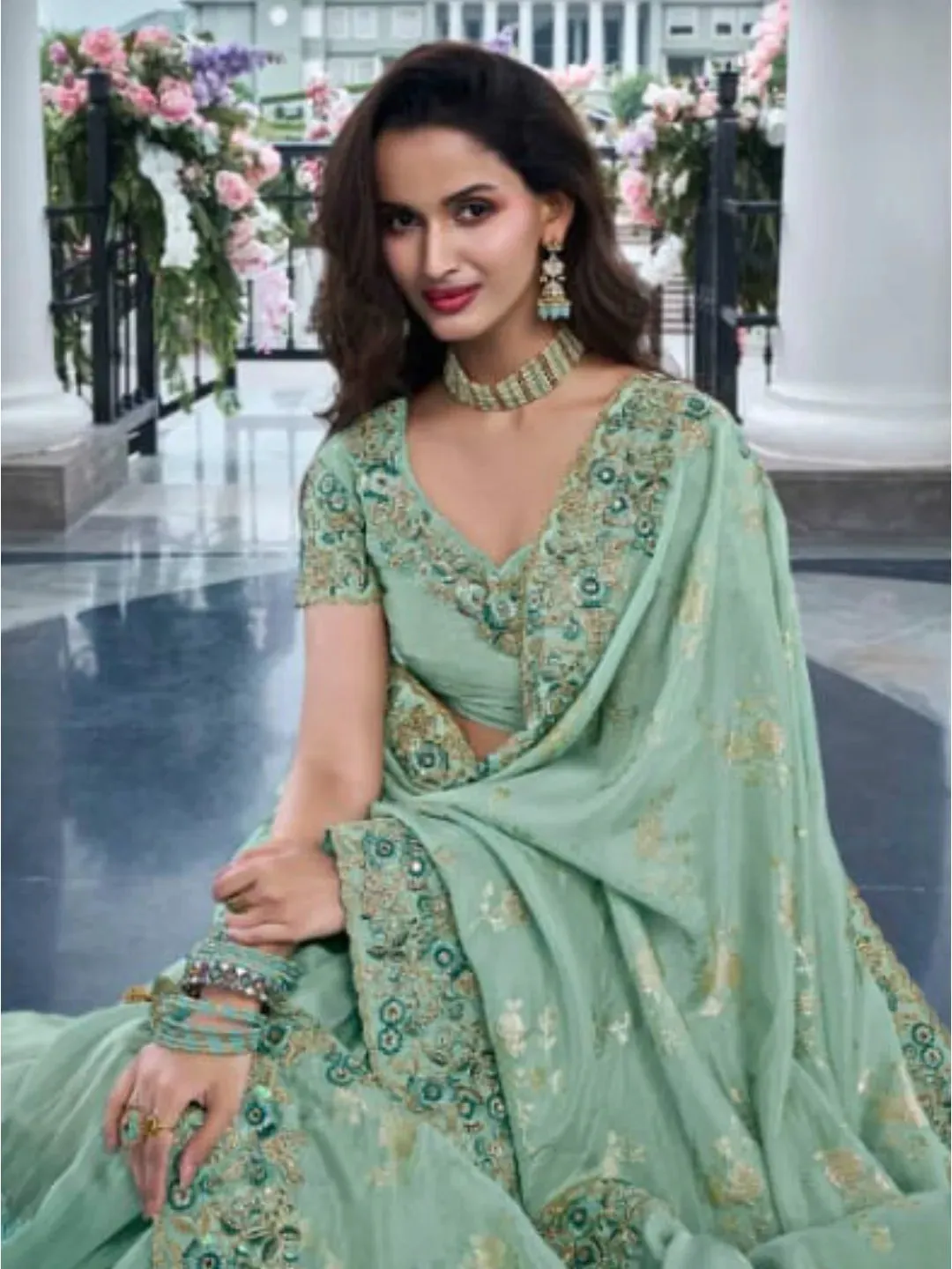 Stunning Sea Green Tissue Silk Heavy Embroidered Saree