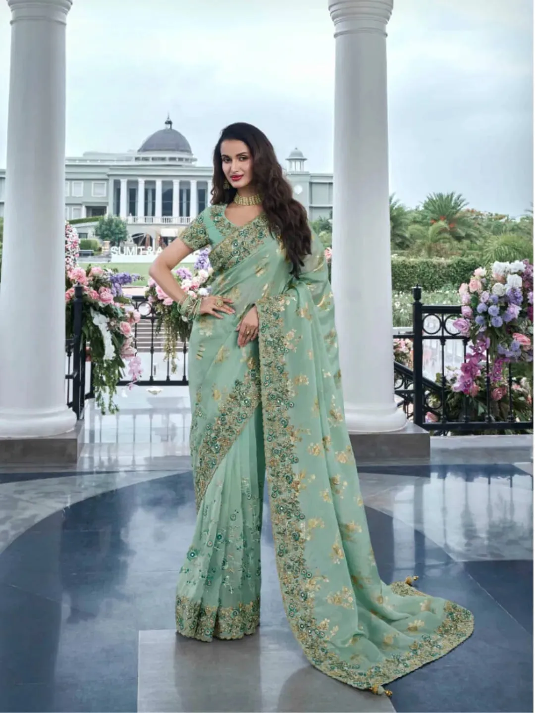 Stunning Sea Green Tissue Silk Heavy Embroidered Saree