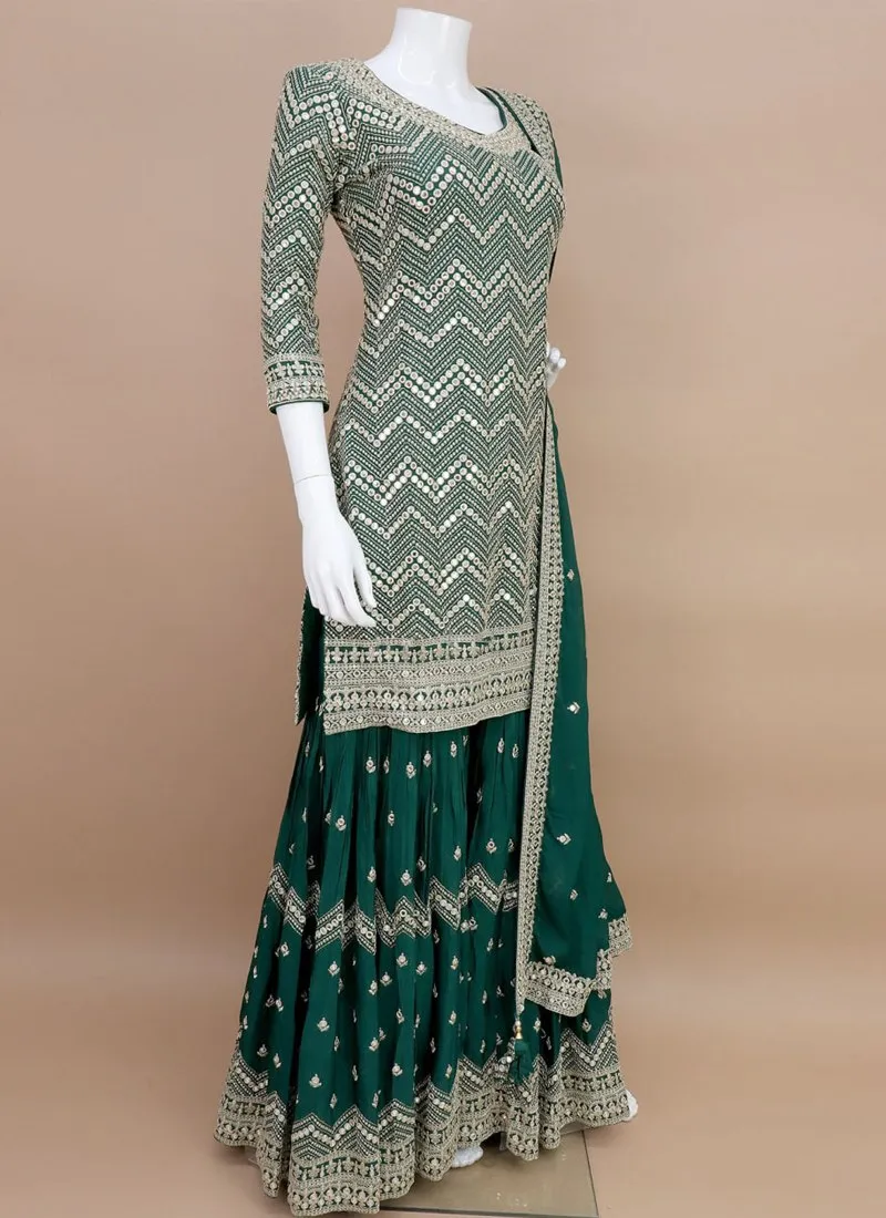 Stunning Sequined Embroidered Green Sharara Suit