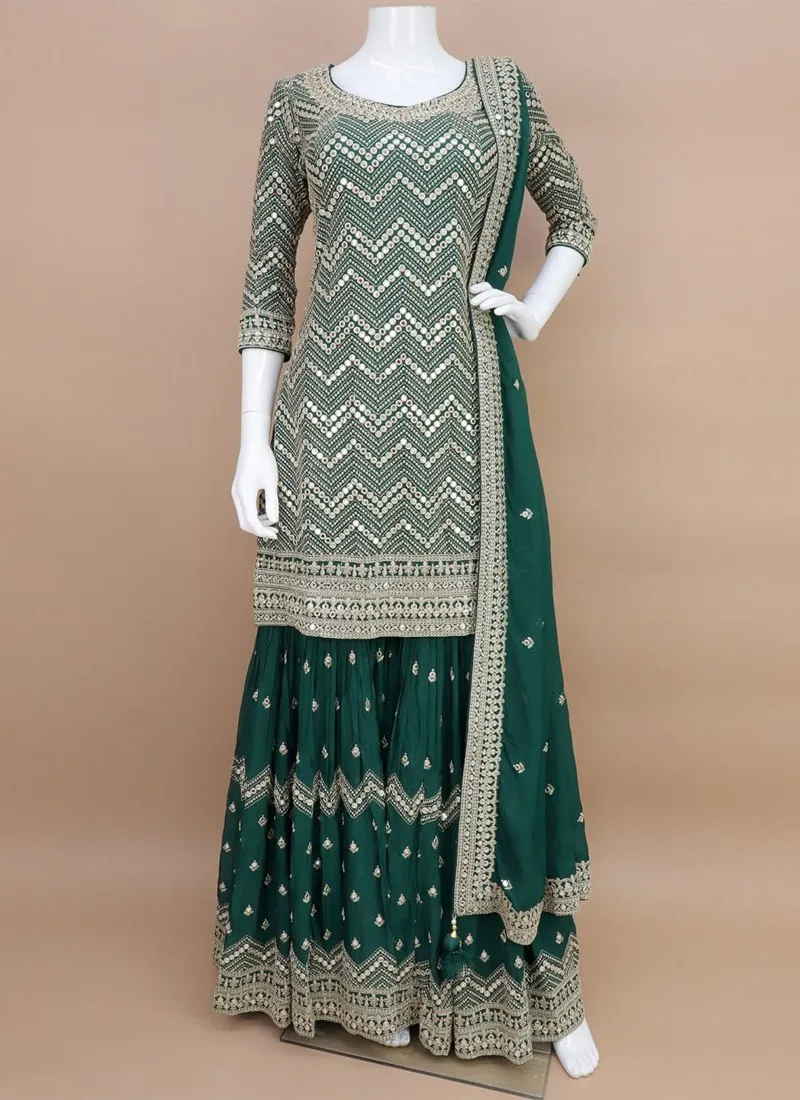 Stunning Sequined Embroidered Green Sharara Suit