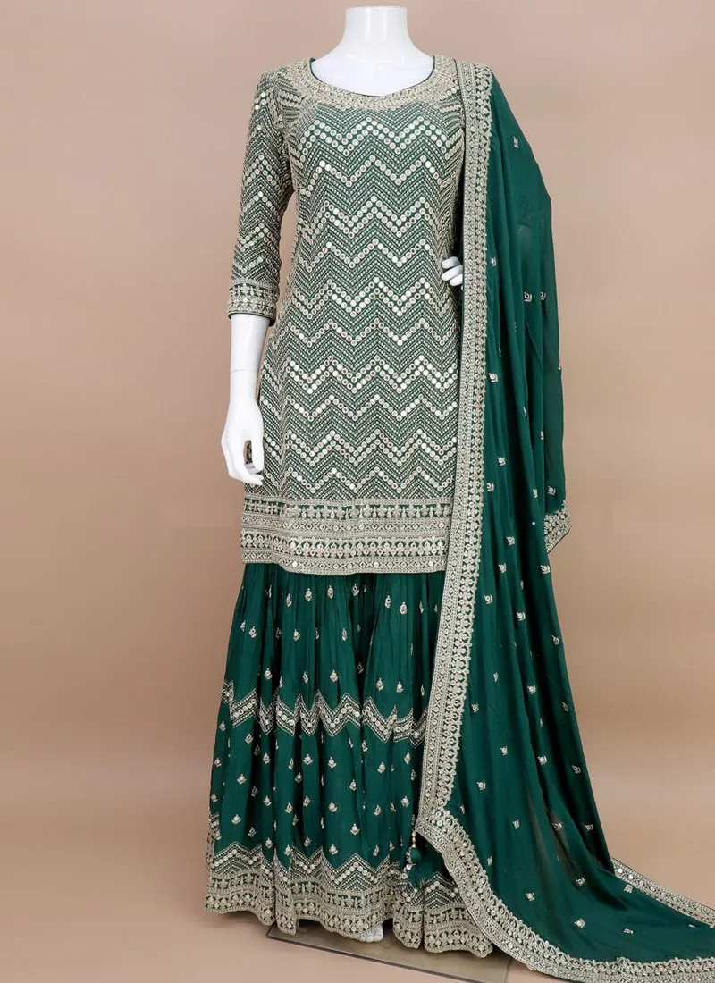 Stunning Sequined Embroidered Green Sharara Suit