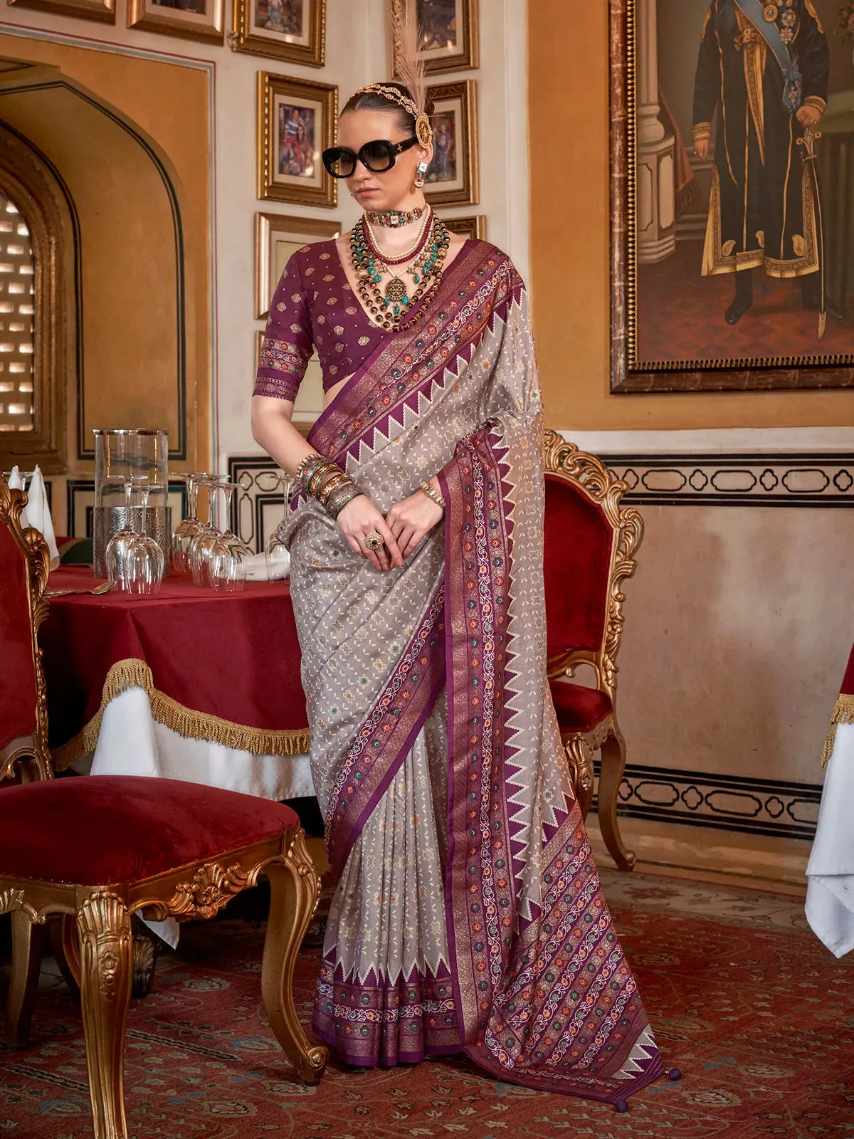 Stunning silver Silk Saree with Traditional Patola Design