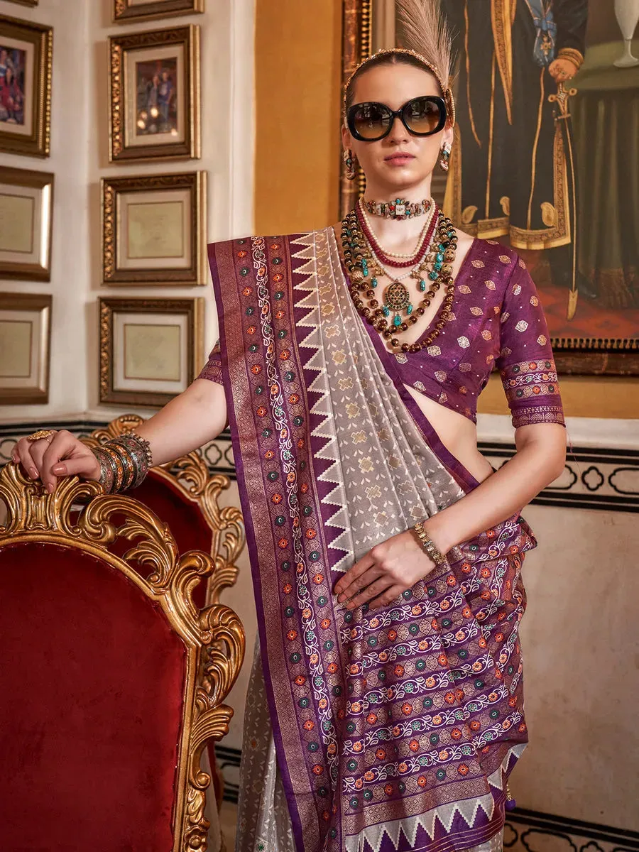 Stunning silver Silk Saree with Traditional Patola Design