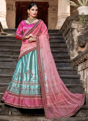 Stunning Sky Blue Colored Satin Base Lehenga Choli