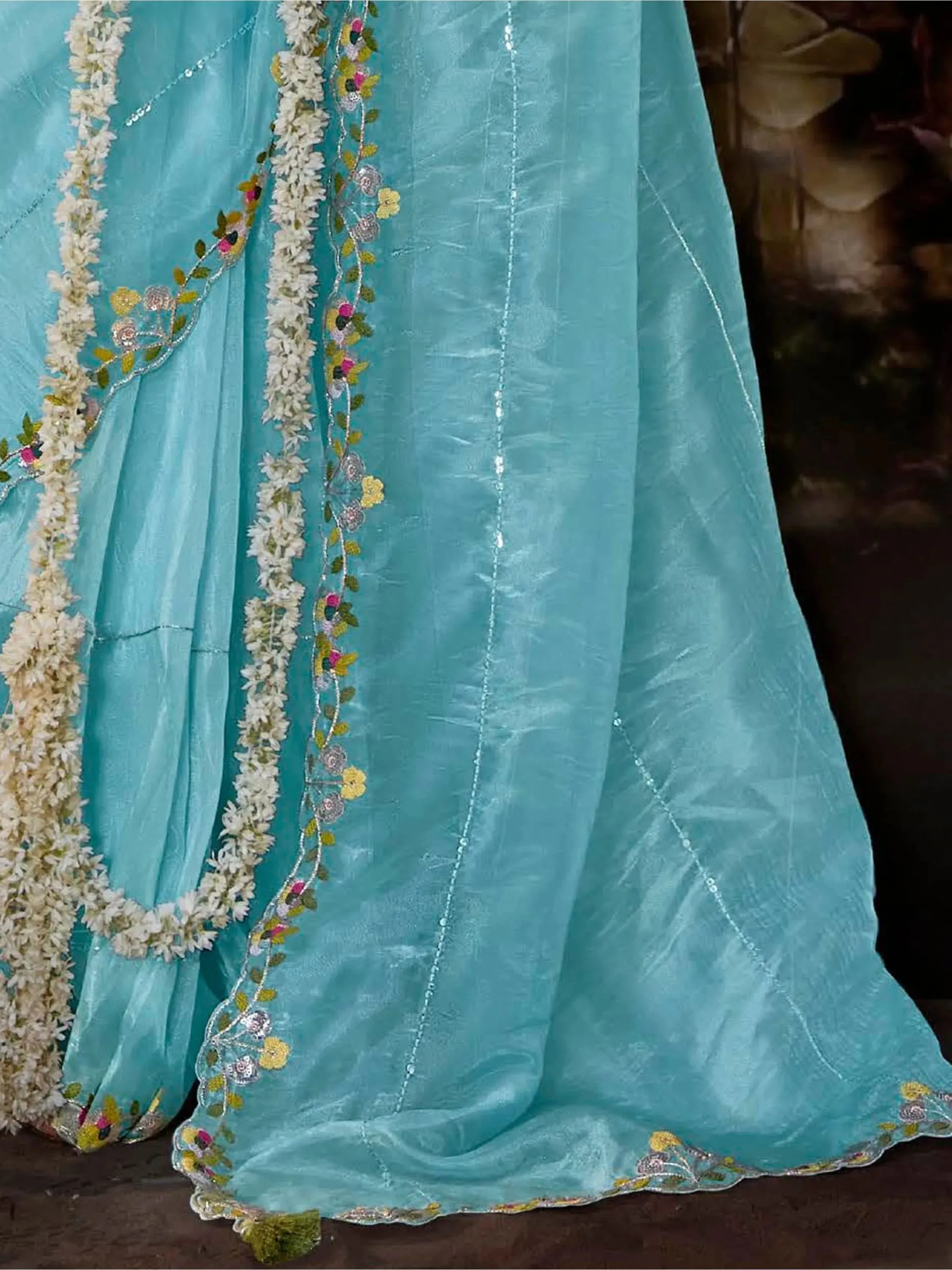 Stunning Sky Blue Organza Festive Wear Saree With Blouse