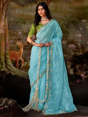 Stunning Sky Blue Organza Festive Wear Saree With Blouse