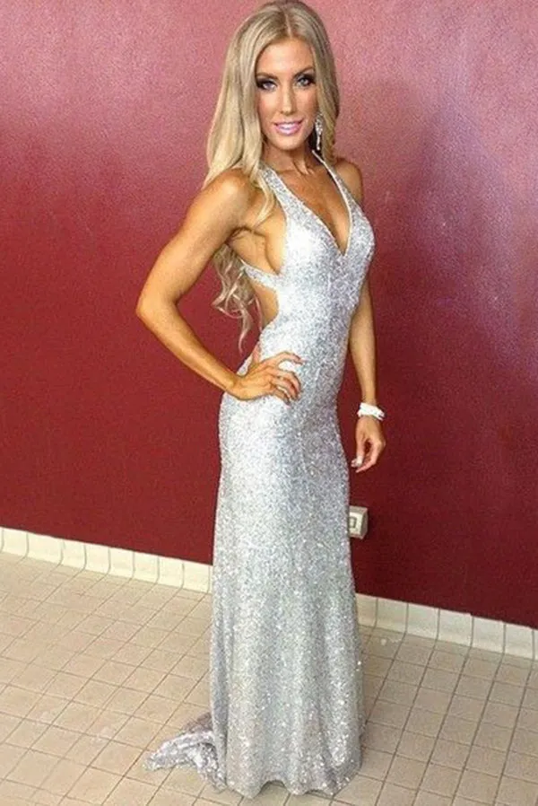 Stunning Sleeveless V Neck Mermaid Prom Dresses with Sequins