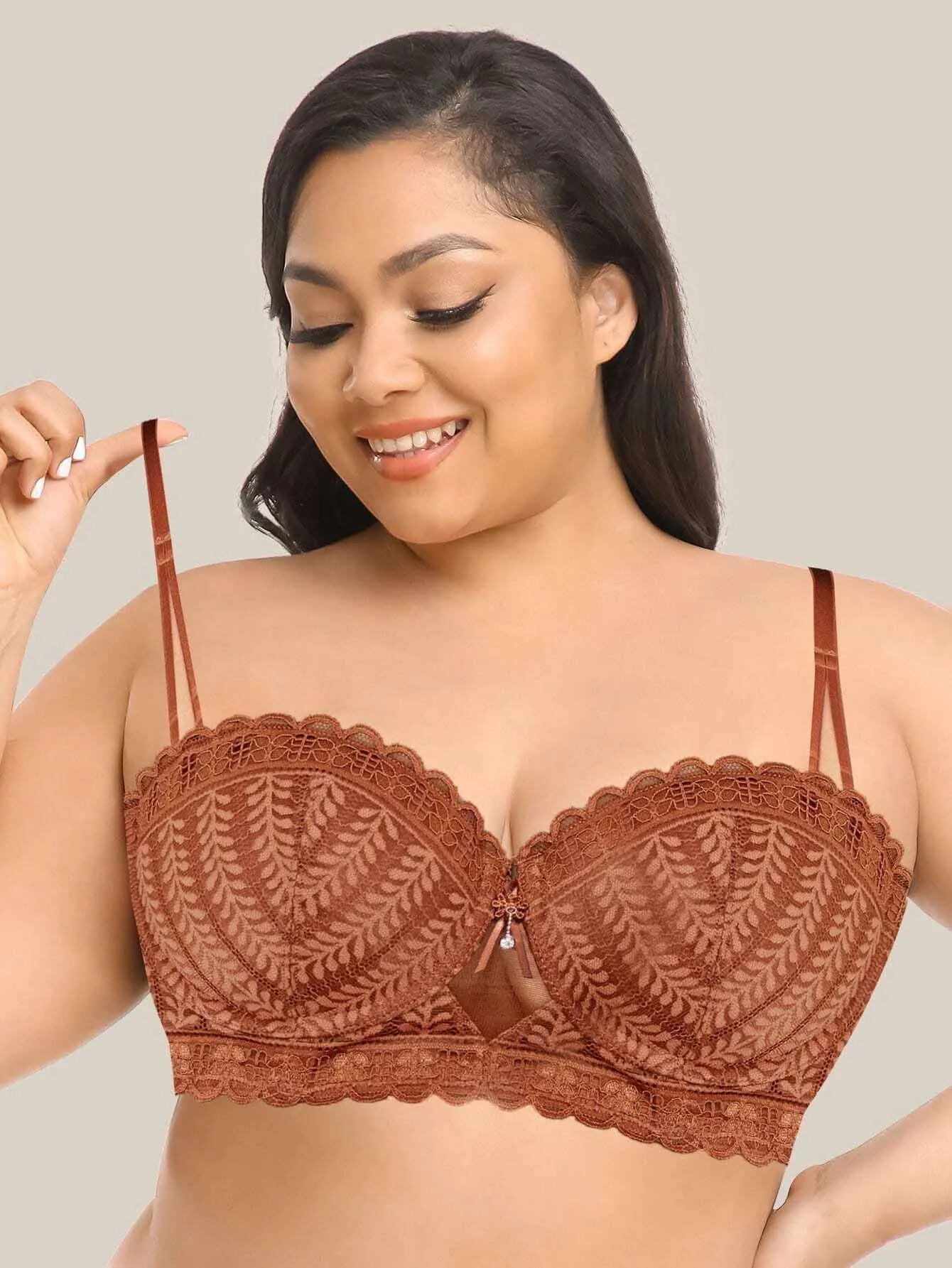 Stunning Strapless Bra with Delicate Embroidery Caramel