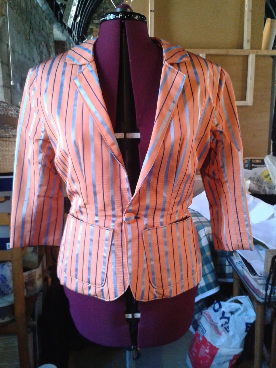 Stunning Striped Pink Blue Grey Silk Blazer Pockets