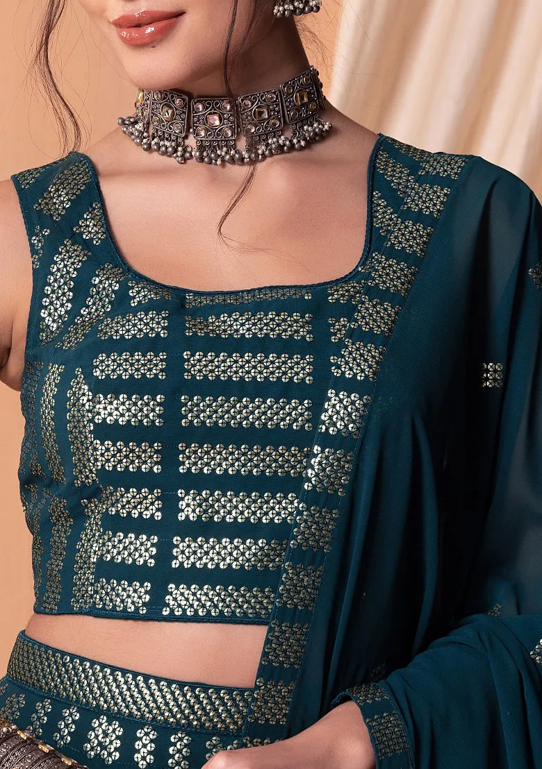 Stunning Teal Blue Georgette Embroidered Lehenga Choli