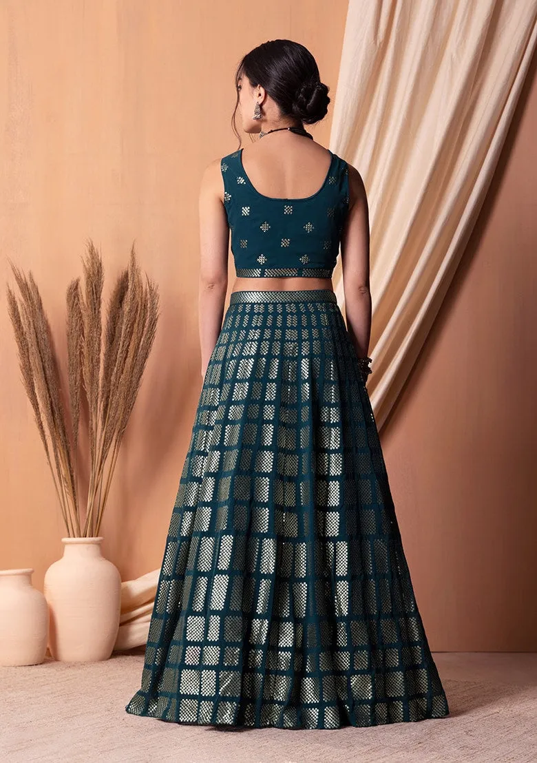 Stunning Teal Blue Georgette Embroidered Lehenga Choli