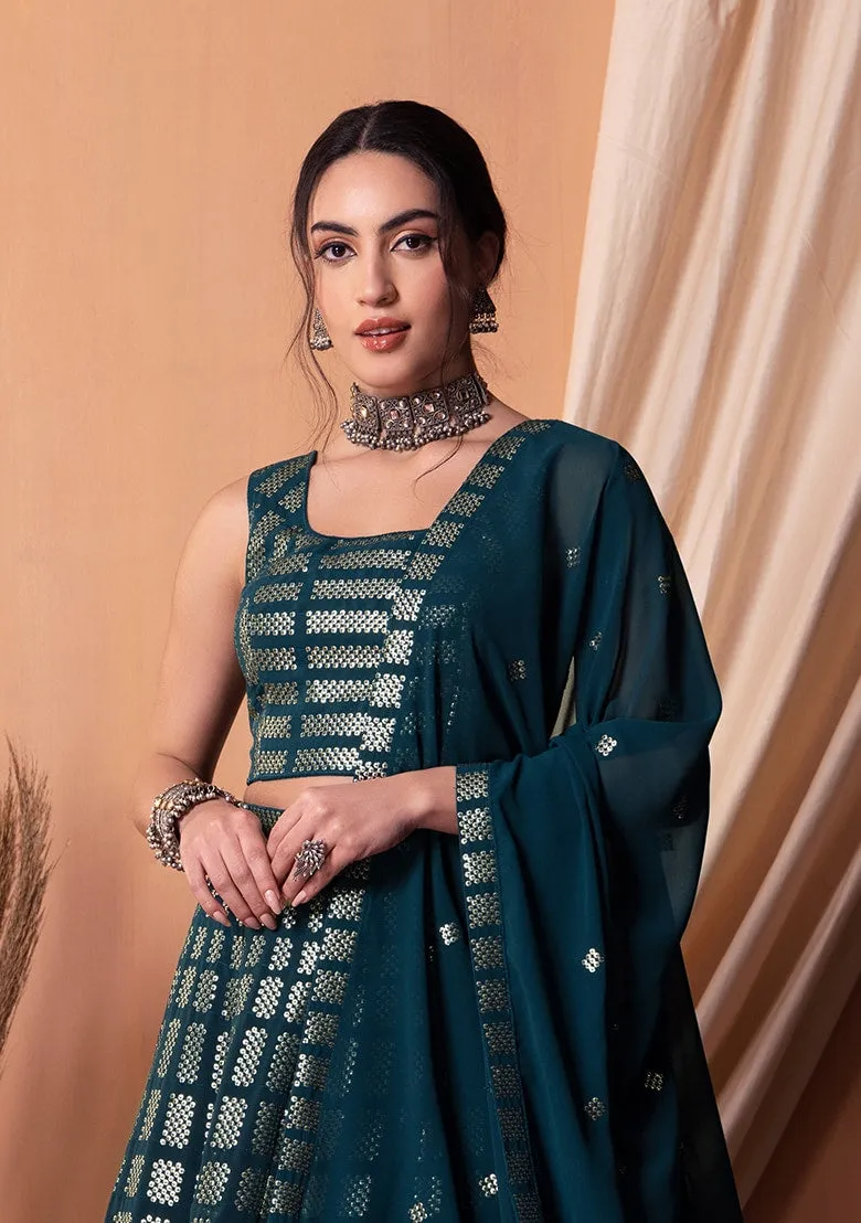 Stunning Teal Blue Georgette Embroidered Lehenga Choli