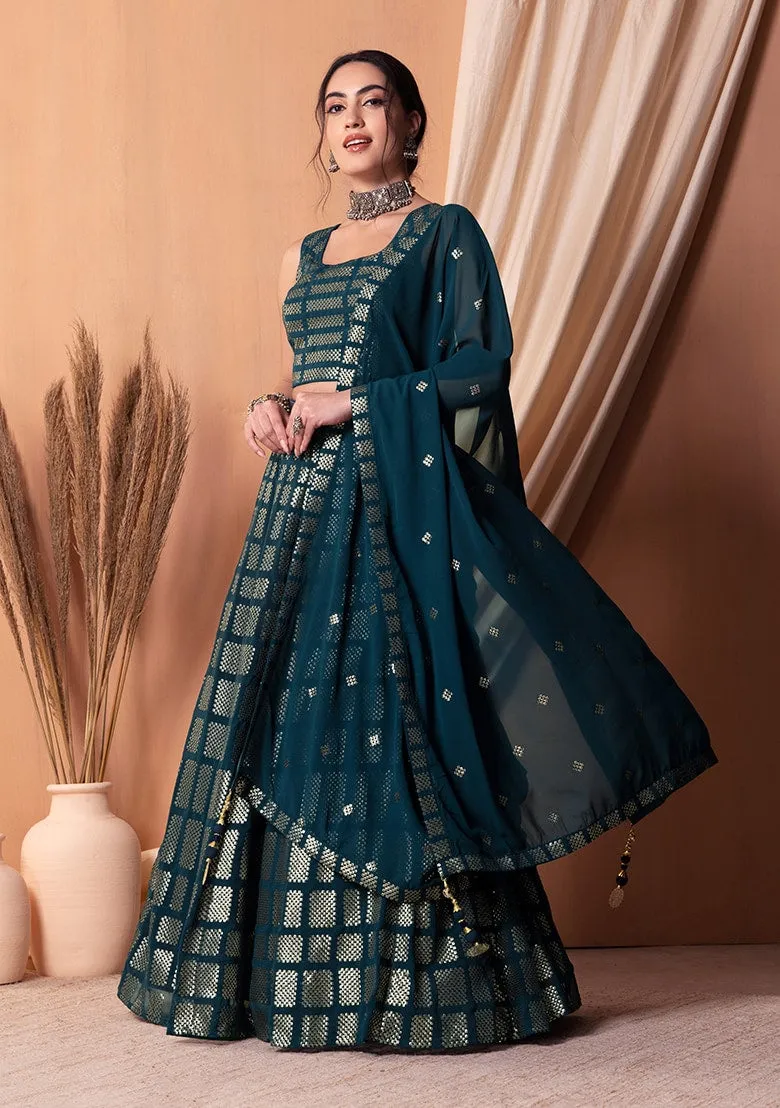 Stunning Teal Blue Georgette Embroidered Lehenga Choli