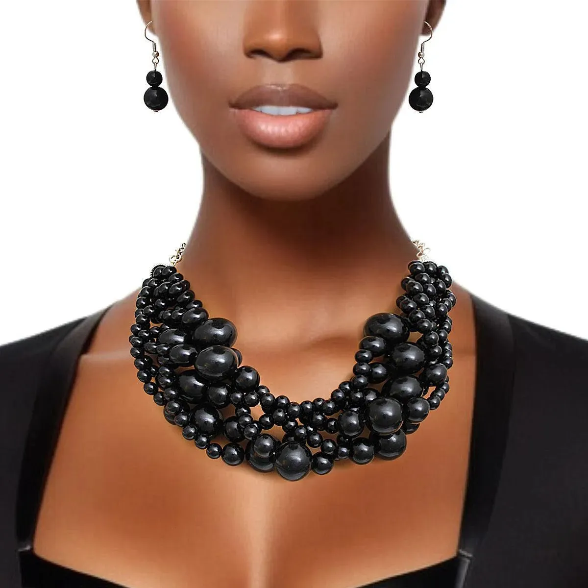 Stunning Torsade Necklace Black Pearls with Earrings - Timeless Elegance