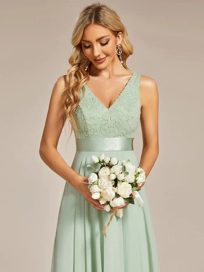 Stunning V Neck Lace Chiffon Bridesmaid Dress