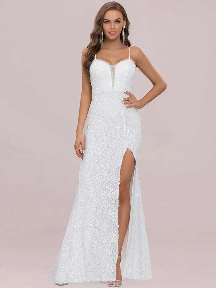 Stunning V-Neck Paillette Fishtail Hem White Wedding Dress